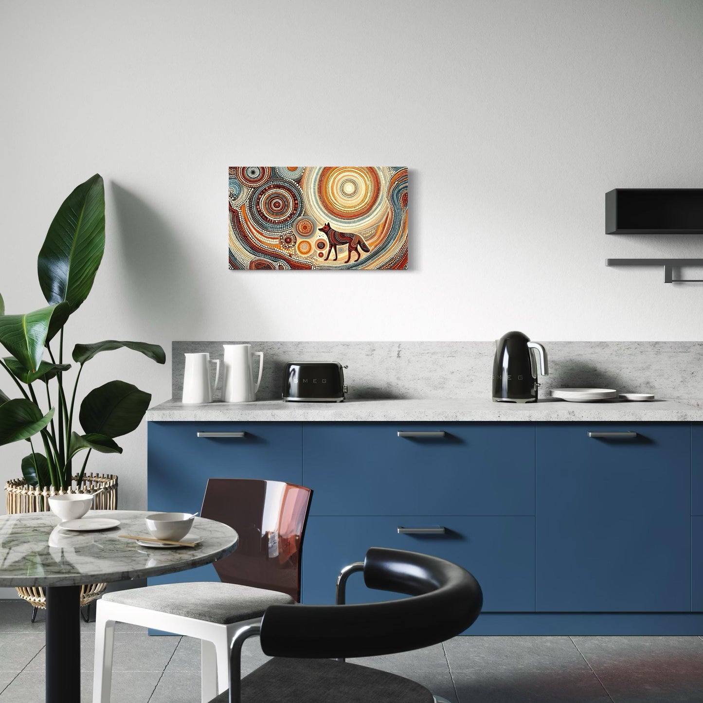 Dharra Dingo Aboriginal dot painting printable in earthy tones, displayed above a blue kitchen counter with modern decor.