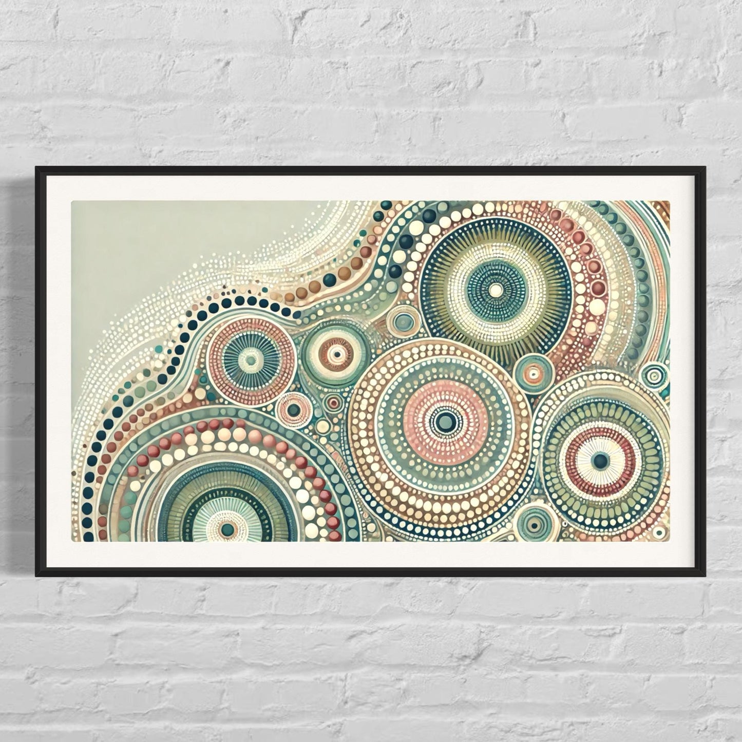 Yirrarn Aboriginal dot painting in pastel earth tones, horizontal wall art symbolizing spiritual connection to Country