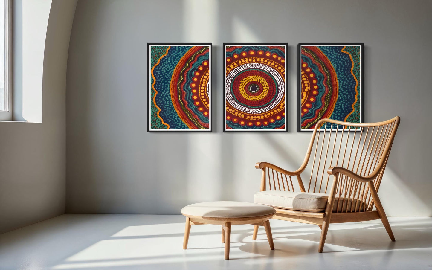 Aboriginal Dot Painting Downloadable Print – Yarrila Radiance Triptych (Sunlight Story) | Modern Wall Decor | Multi-Ratio Vertical Art