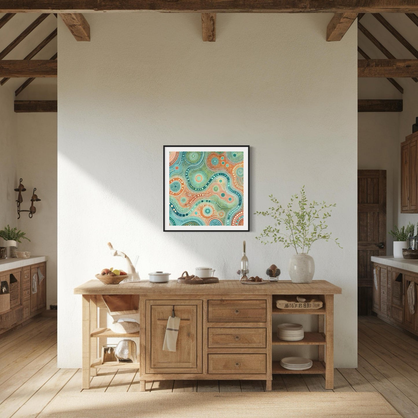 Ngapa Kuruwali Aboriginal dot painting printable framed in rustic farmhouse kitchen with wooden beams, light wood island, and ceramic decor