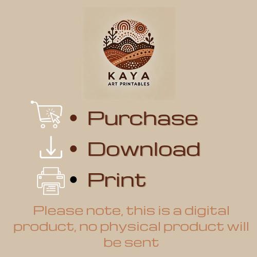 Kaya Art Printables digital product guide with purchase, download, print icons and note stating no physical product will be sent