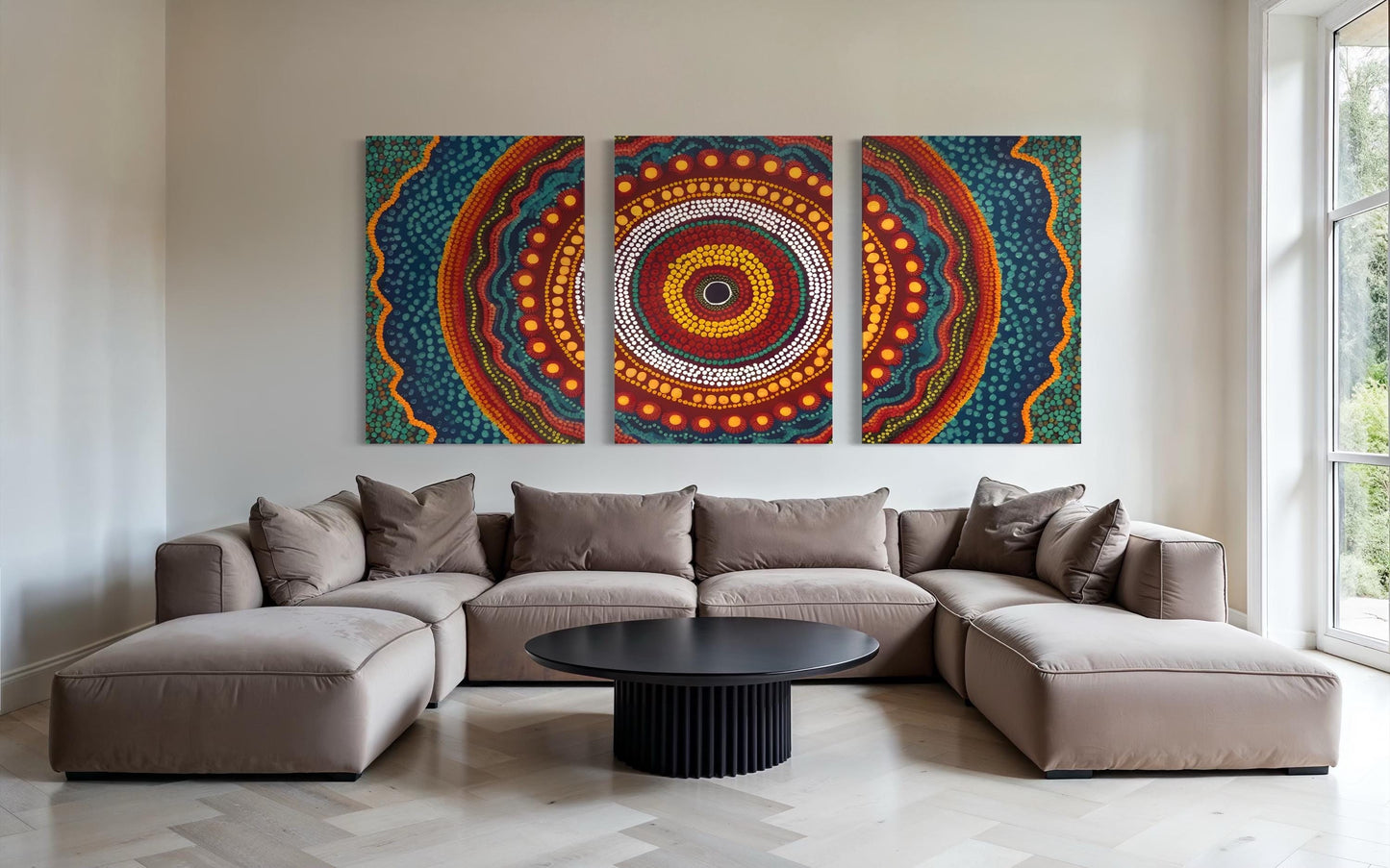 Aboriginal Dot Painting Downloadable Print – Yarrila Radiance Triptych (Sunlight Story) | Modern Wall Decor | Multi-Ratio Vertical Art