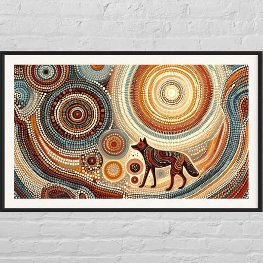 Framed Aboriginal dot painting print titled Dharra Dingo with wild dingo figure, circular patterns, earthy tones.