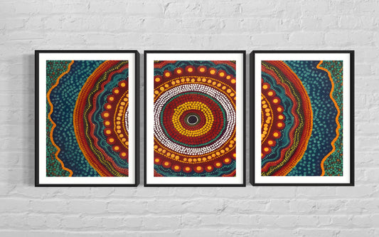 Aboriginal Dot Painting Downloadable Print – Yarrila Radiance Triptych (Sunlight Story) | Modern Wall Decor | Multi-Ratio Vertical Art