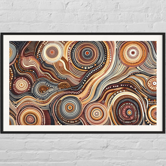 Walu Wirin Aboriginal dot painting printable in earthy tones of ochre, cream, and charcoal, framed and displayed against a white brick wall.