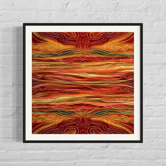 Yurala Flames Aboriginal dot painting printable in vibrant reds and ochres, framed square wall art displayed against a white brick wall.