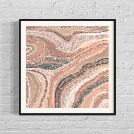 Marrinpa Aboriginal dot painting printable in earthy neutral tones, framed square wall art displayed on white brick background
