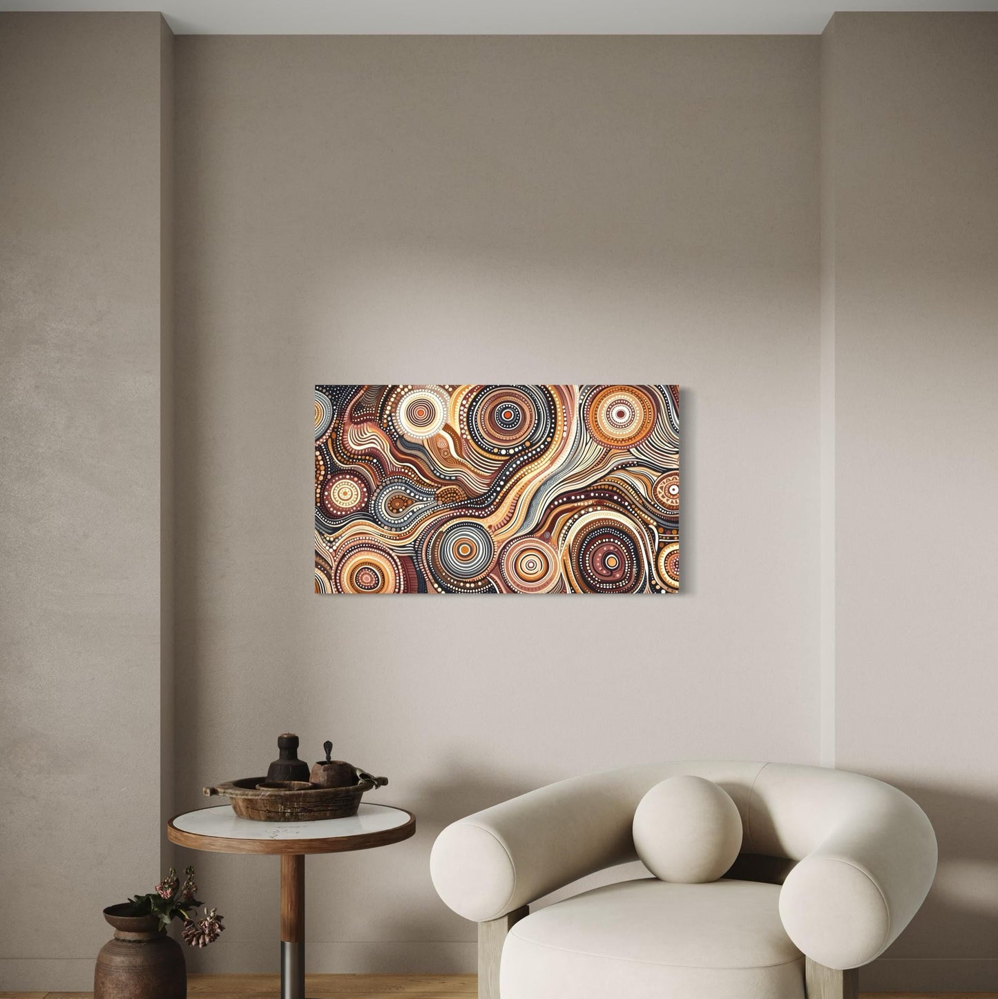 Walu Wirin Aboriginal dot painting horizontal print unframed, displayed above a round wooden table with rustic decor and beside a curved cream armchair in a minimalist living space.