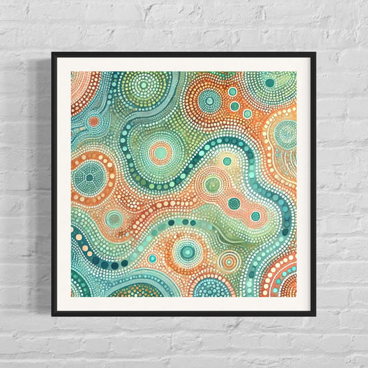 Ngapa Kuruwali Aboriginal dot painting printable in coastal blues and earth tones, framed square art on white brick wall