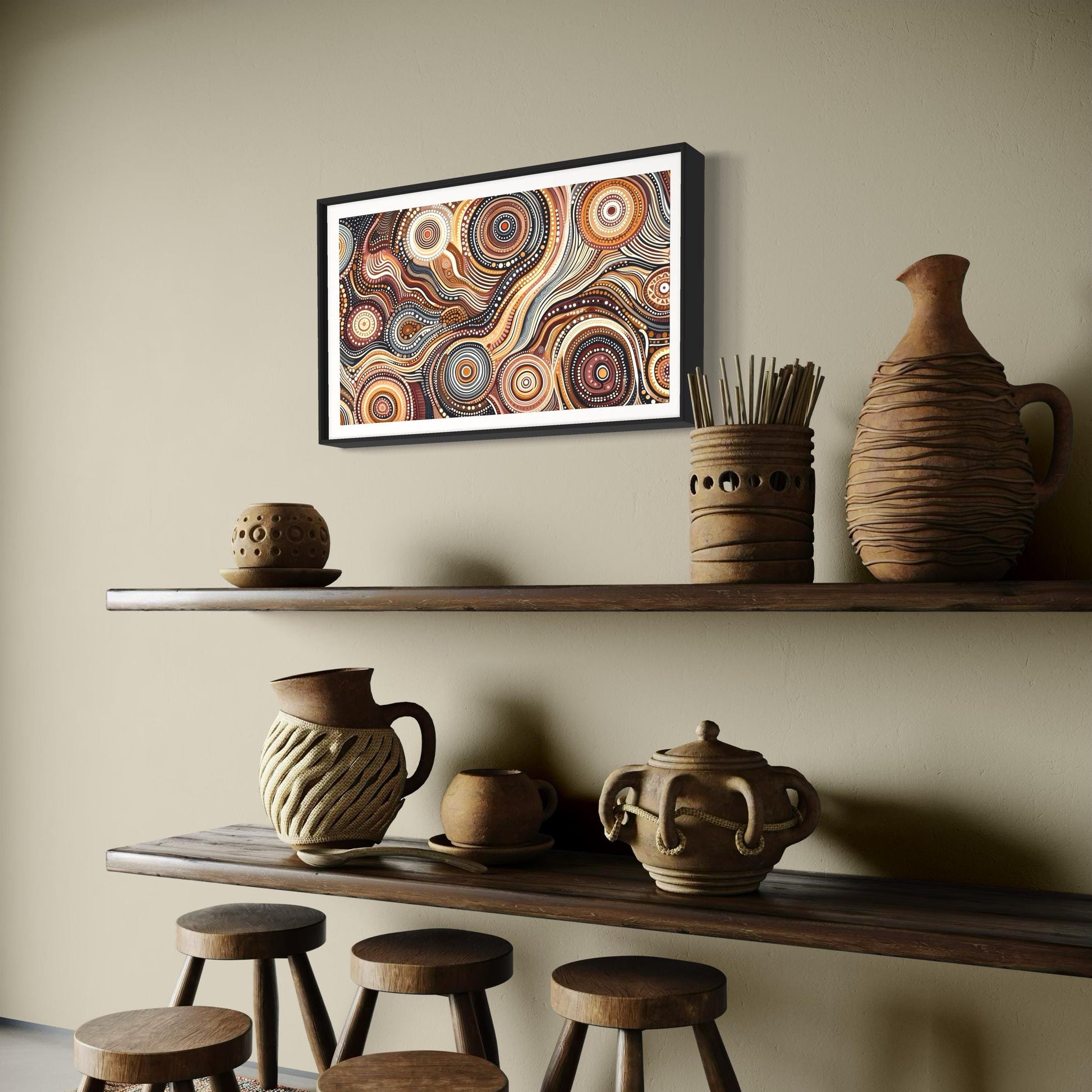 Walu Wirin Aboriginal dot painting printable framed above wooden shelves with rustic pottery, earthy decor, and natural tones on a beige wall.