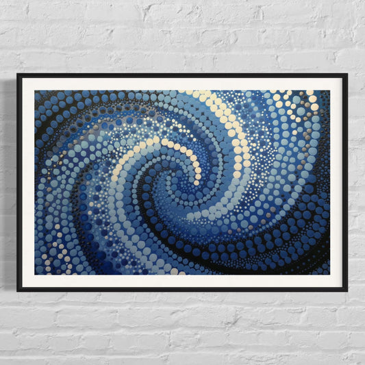 Garran Wurali Aboriginal dot painting printable in ocean blues and white, framed horizontal wall art on white brick background