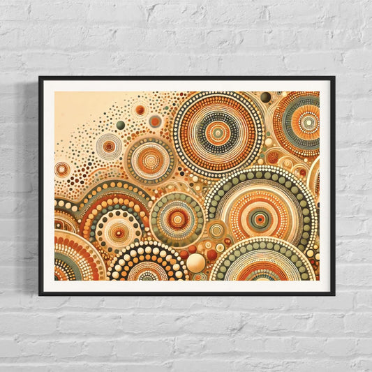 Pirlirrpa Aboriginal dot painting printable in earthy tones with circular patterns, framed square wall art displayed on white brick background