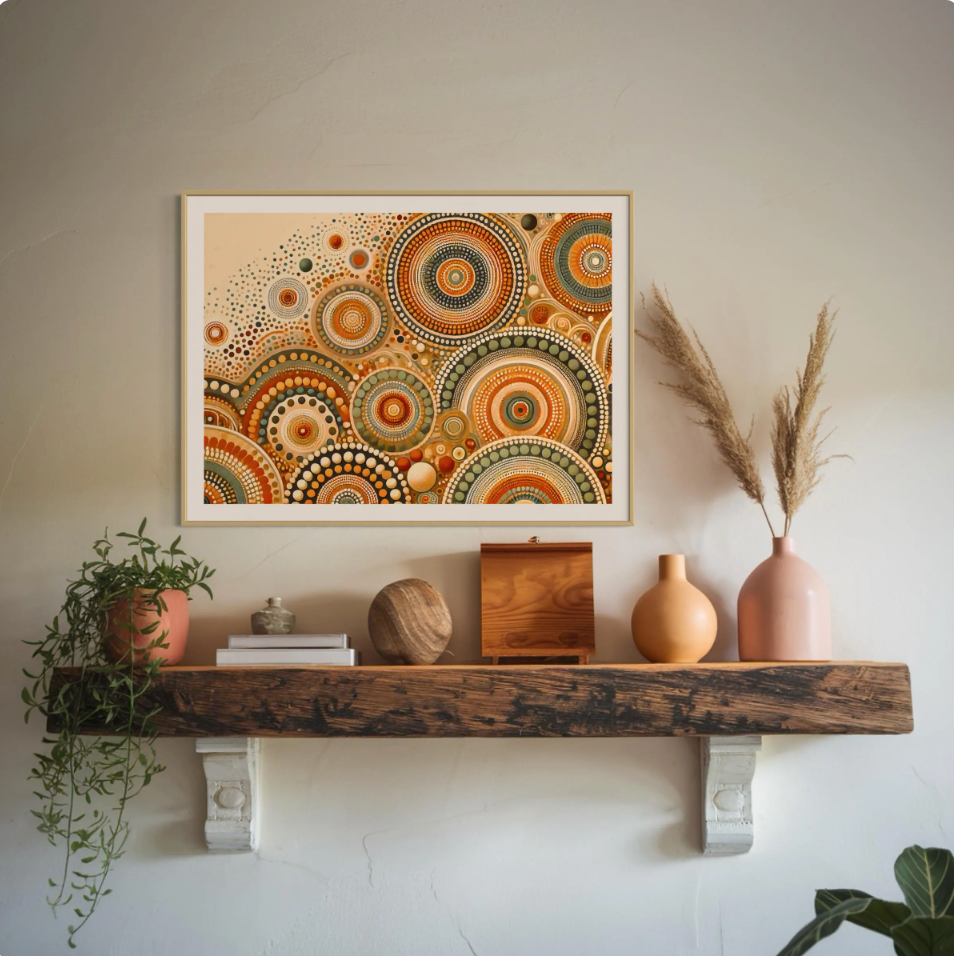 Pirlirrpa Aboriginal dot painting printable in earthy tones framed above rustic wooden shelf with clay vases, pampas grass, and plant decor