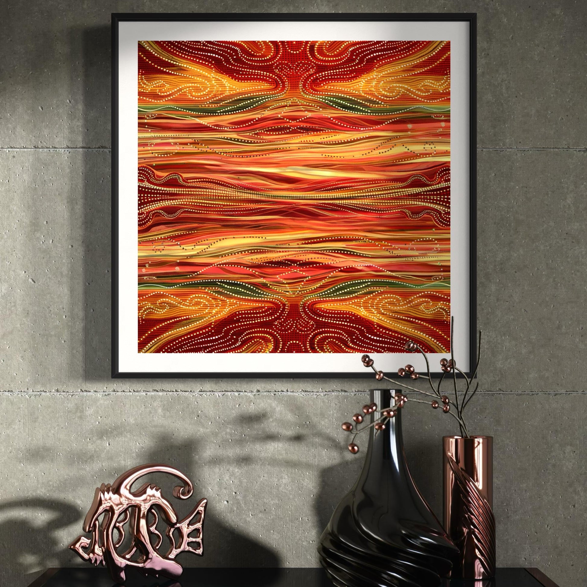 Yurala Flames Aboriginal dot painting printable in rich reds and golds, framed and displayed on a textured concrete wall above a black console with bronze vases and decor.