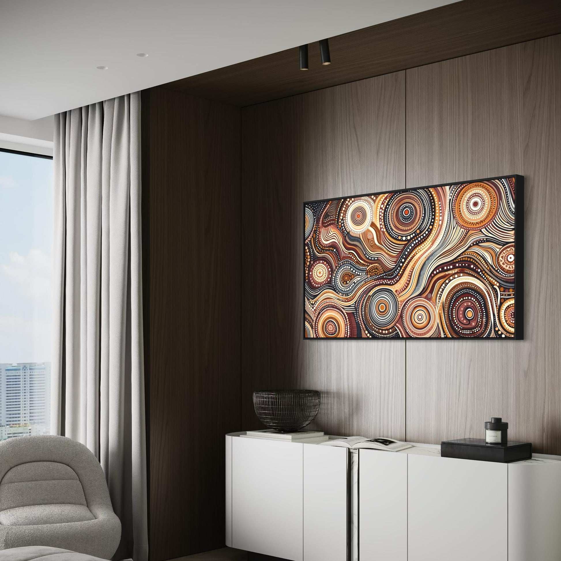 Walu Wirin Aboriginal dot painting horizontal artwork framed on a wooden feature wall in a modern bedroom with grey tones, a white cabinet, and soft furnishings.