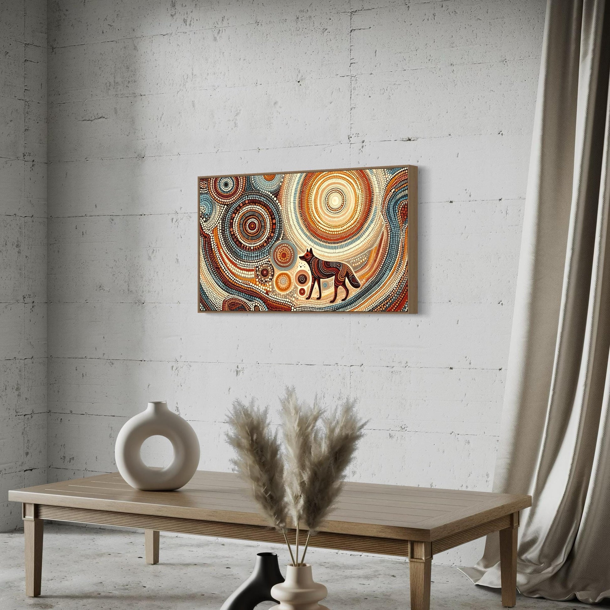 Dharra Dingo Aboriginal dot painting print in earthy tones, framed above a wooden coffee table with vases and pampas grass.
