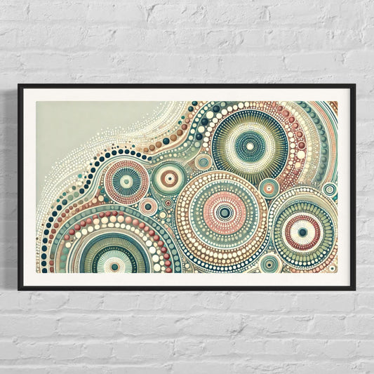 Yirrarn Aboriginal dot painting in pastel earth tones, horizontal wall art symbolizing spiritual connection to Country