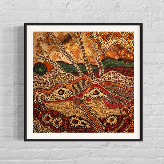 Dreaming Landscape Aboriginal dot painting printable in earthy tones, framed square wall art displayed on white brick background